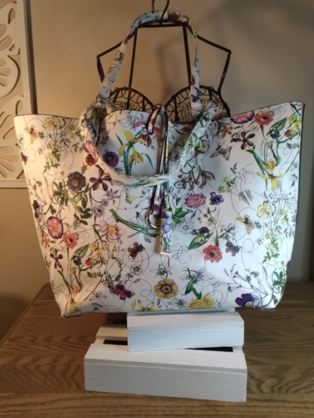 Floral Print White Tote Bag - Elegant Women’s Handbag
